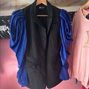 SHAN Black and Blue Blazer with Dramatic Puff Sleeves
